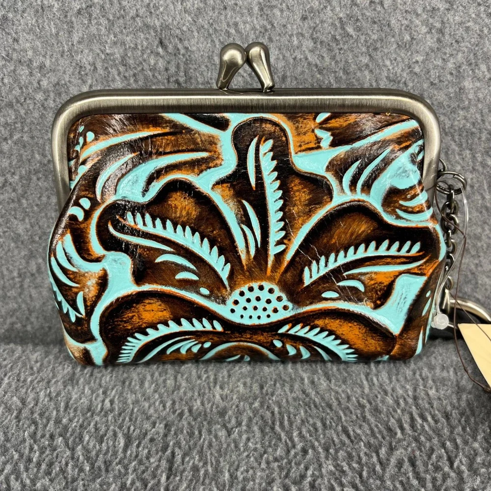 Patricia Nash Borse Coin Purse Women Turquoise Tooled Leather Floral Kiss Lock